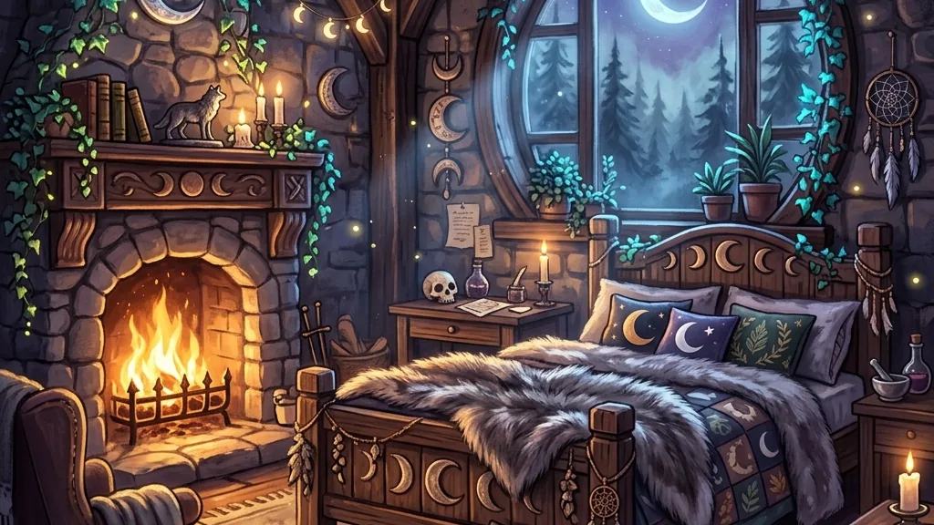 A cozy werewolf-themed bedroom inside a gothic cottage warming up by a fireplace under the moonlight