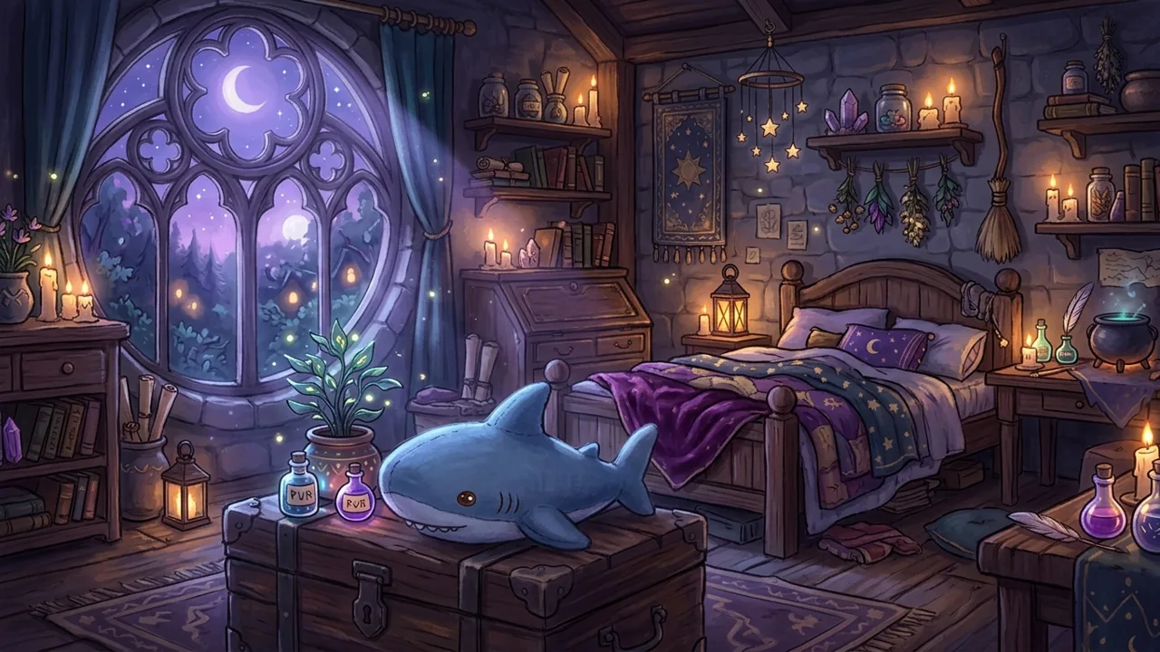 A cozy gothic bedroom under the moonlight, showing a soft blue shark plush sitting on a wooden chest near a round window.