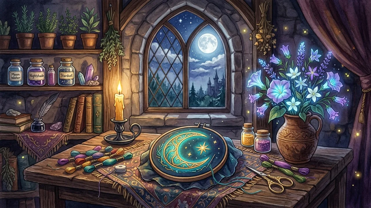 A cozy gothic workstation at night, featuring a glowing floral arrangement in a vase and a moonlit embroidery hoop.