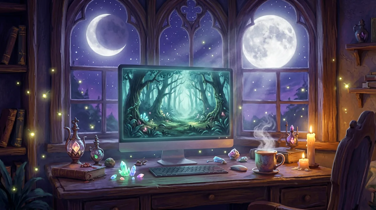 A cozy gothic study room with a glowing monitor showing a mysterious forest, surrounded by spell books, a steaming mug, and potion bottles under a full moon.