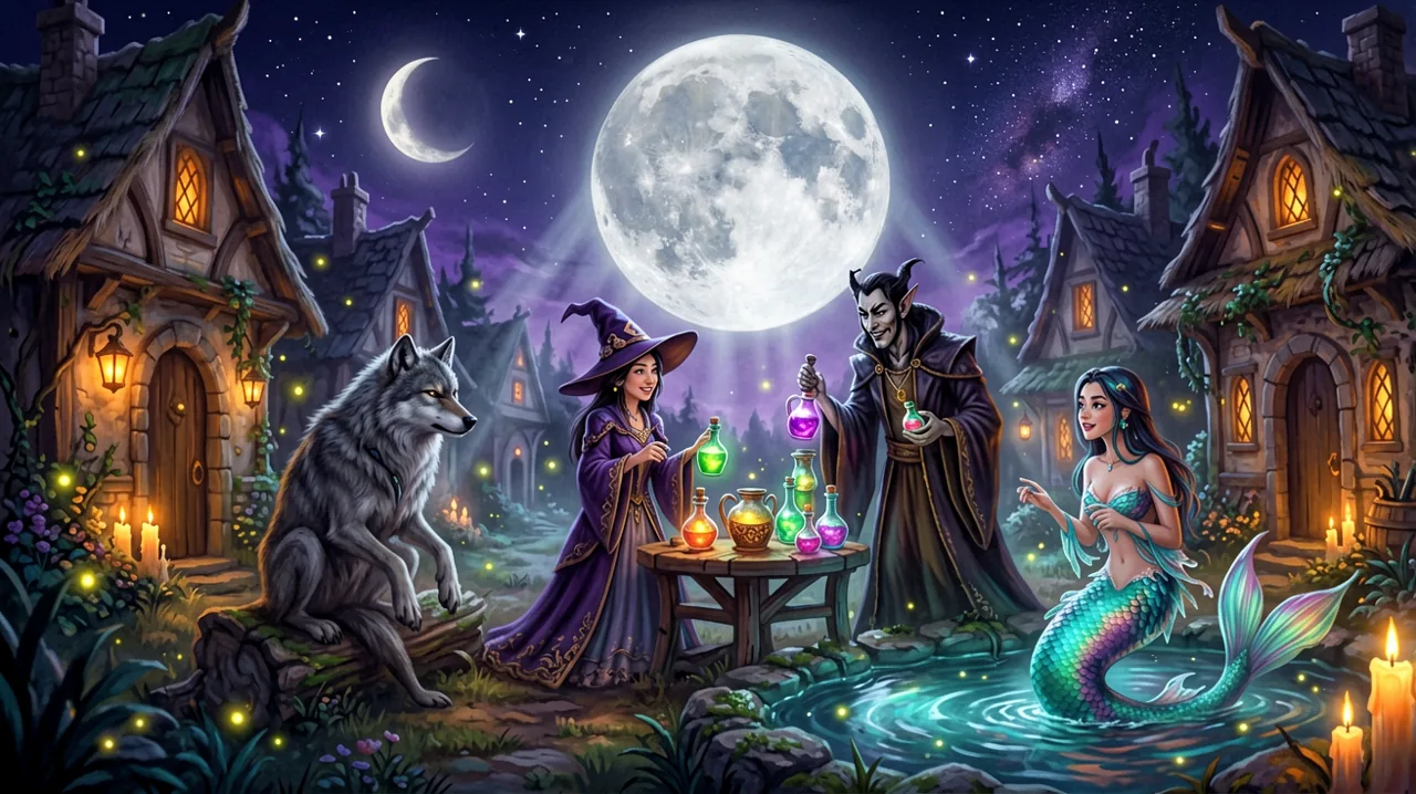 A cozy gothic illustration of various supernatural residents gathering under a bright full moon.