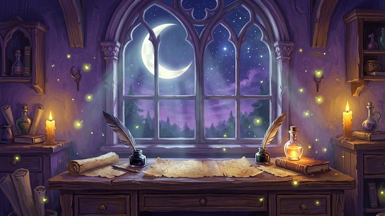 A cozy gothic writing desk with old scrolls and a feather quill illuminated by warm candlelight and soft moonlight coming from a window.