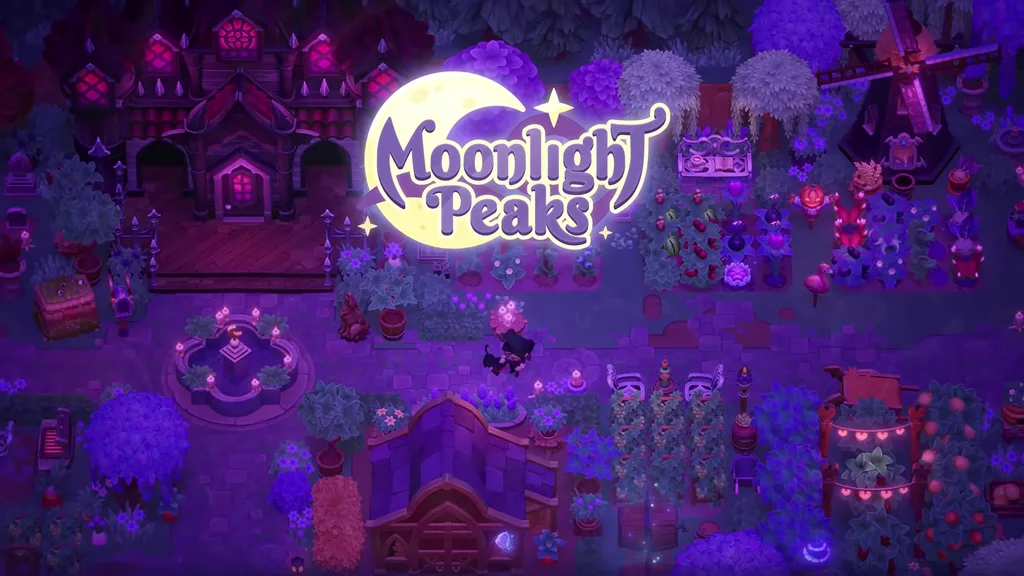 The Moonlight Peaks logo glowing over a moonlit vampire farm — gothic manor, fountain and night crops — from the new Wholesome Direct 2026 demo trailer.