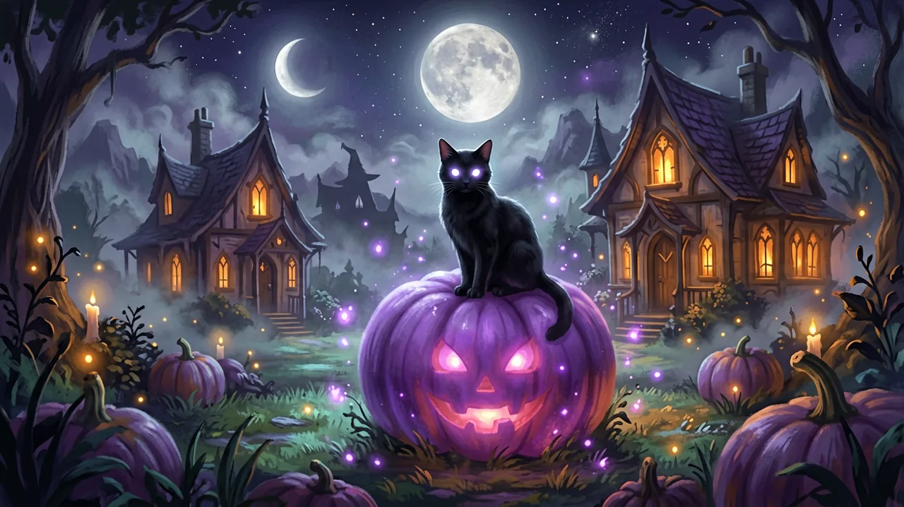 A cozy gothic setting at night where a black cat with glowing eyes sits on a glowing pumpkin, surrounded by magical purple particles under the full moon.