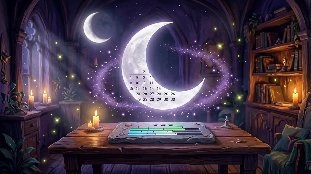A mystical gothic room illuminated by a glowing moon calendar and magic download runes.