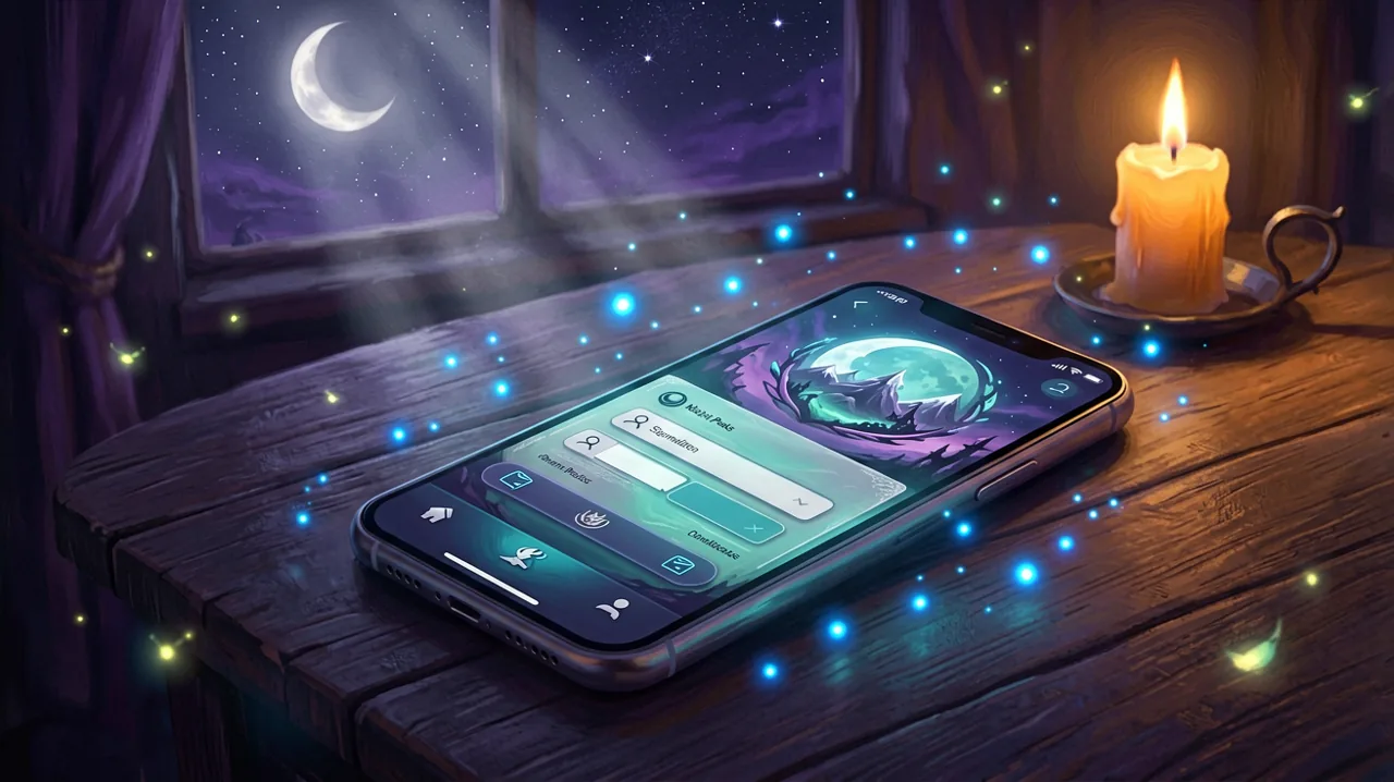 A glowing smartphone display showing a fantasy farming simulation app page under soft moonlight shadows.