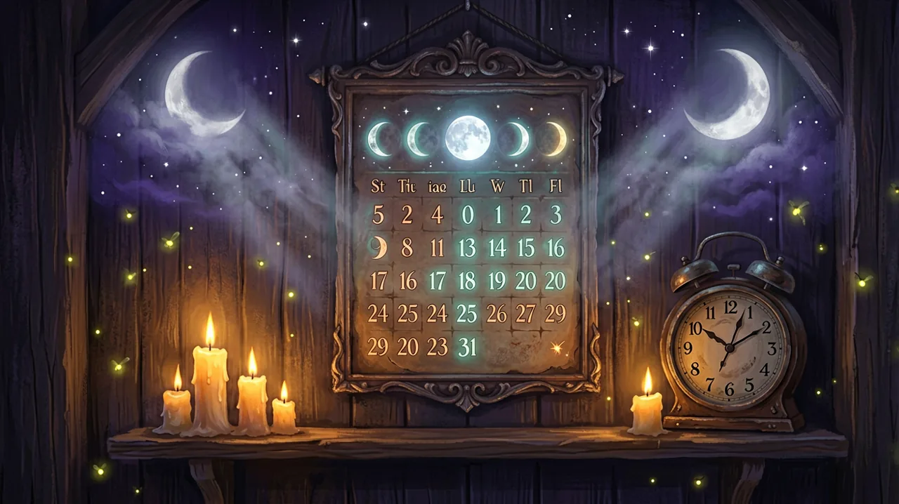 A cozy supernatural calendar displaying a moon phase chart next to a countdown clock illuminated by warm candlelight.
