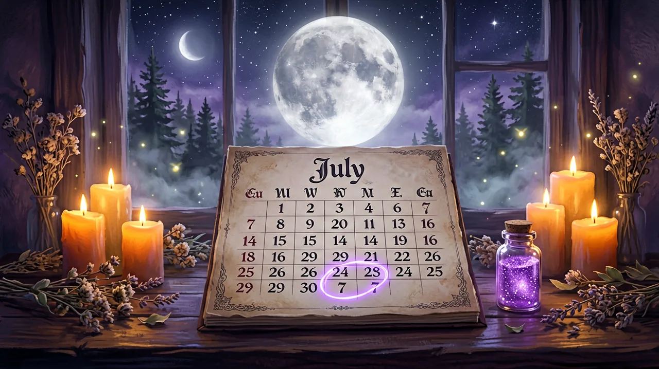 A gothic calendar page for July illuminated by candlelight, showing a circled release date under a full moon.