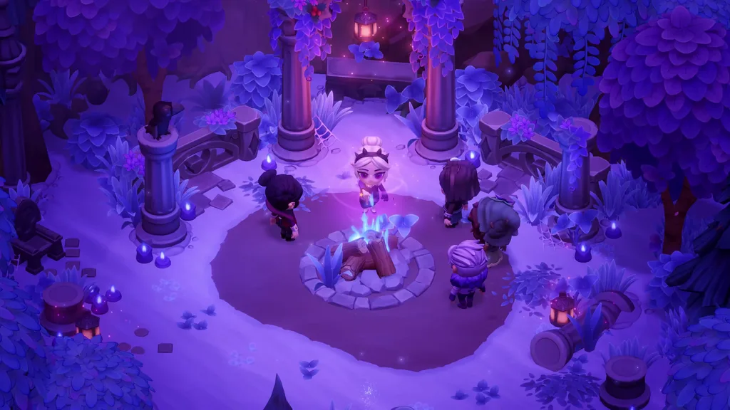 Vampire residents gathered around a glowing blue fire pit in a moonlit stone Witches' Circle in Moonlight Peaks.