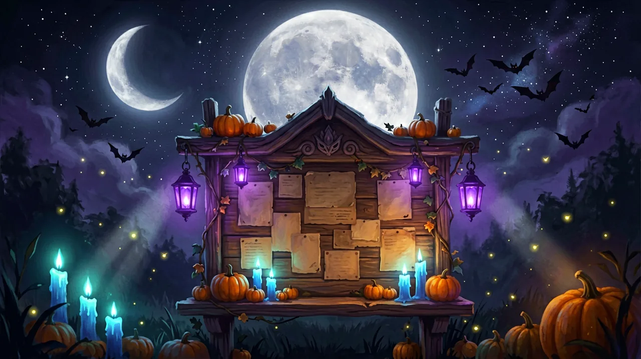 A cozy gothic announcement board at night under a full moon, decorated with tiny pumpkins and glowing blue candles, signaling the countdown to launch.