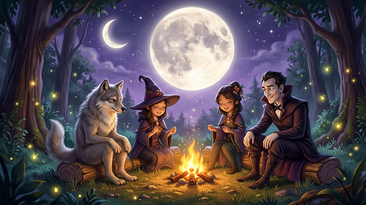 A warm and inviting cozy gothic clearing in a mystical forest, glowing softly under a large full moon