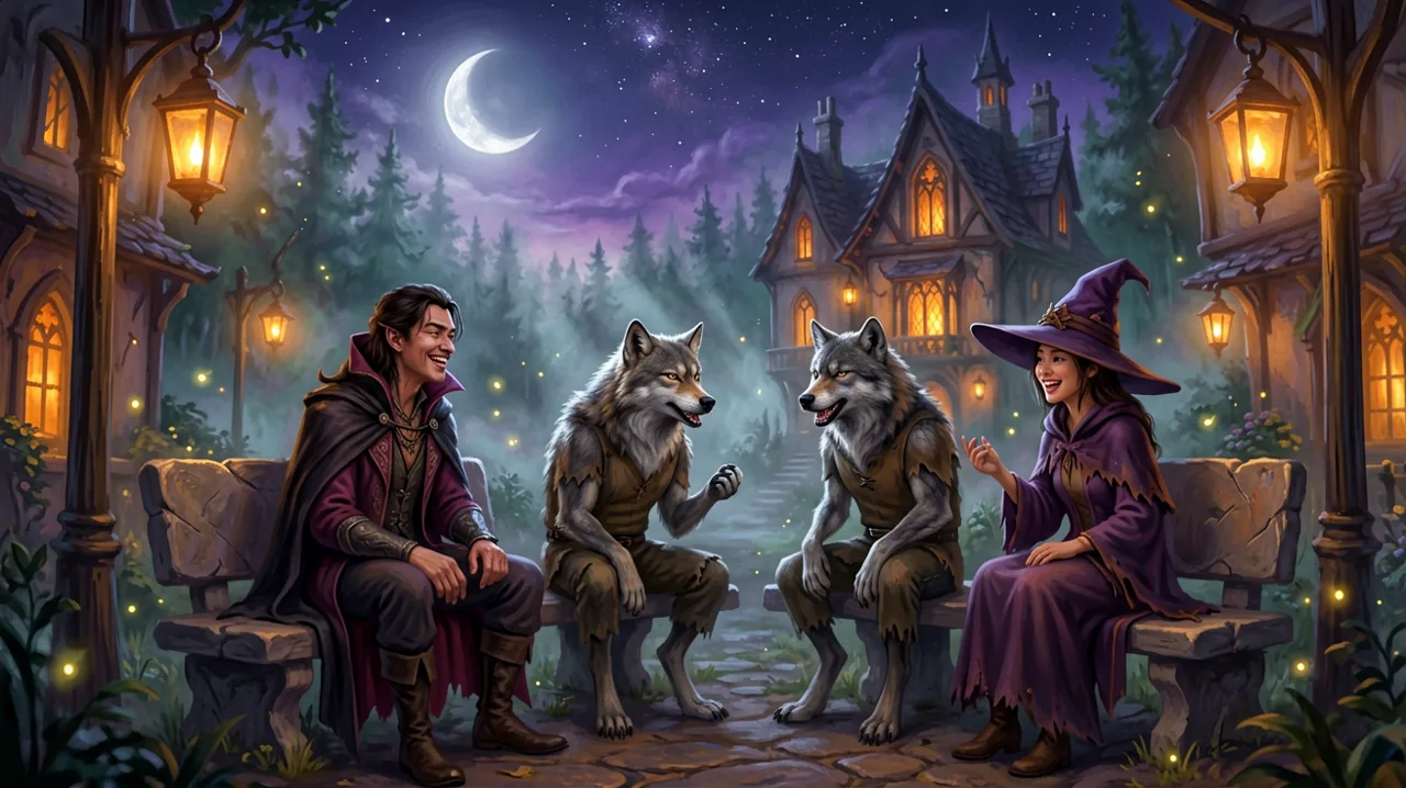 A cozy gothic setting at night under a full moon, showing multiple supernatural entities interacting in a charming town square.