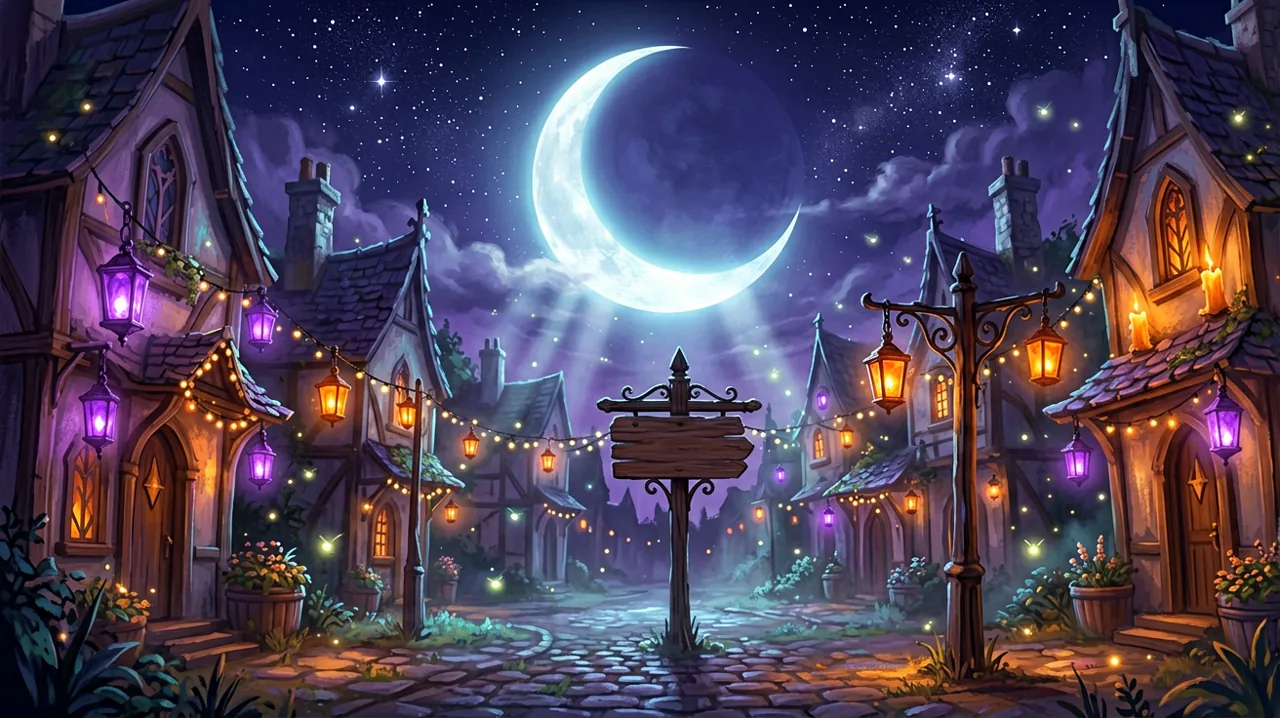 A festive moonlit celebration featuring a glowing crescent moon and hanging lanterns in a gothic town square.