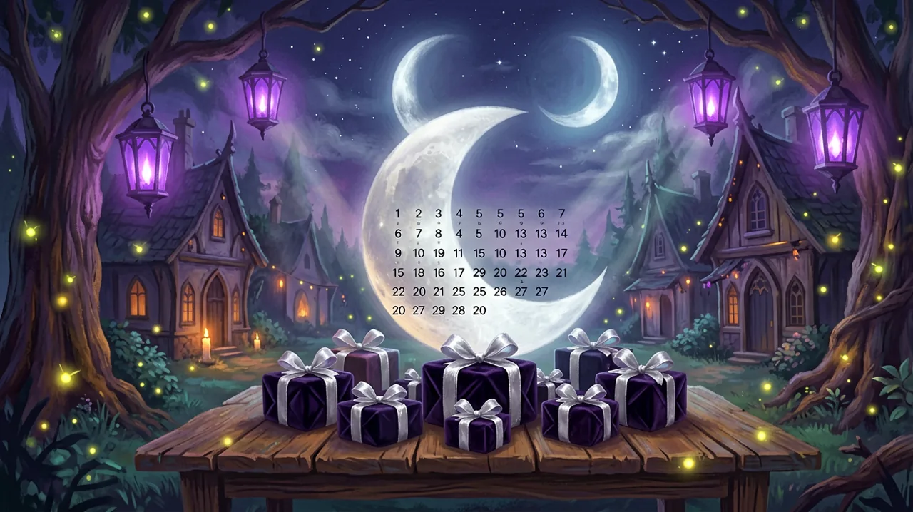 A cozy gothic night celebration showing a moon calendar and glowing lanterns on a wooden table.
