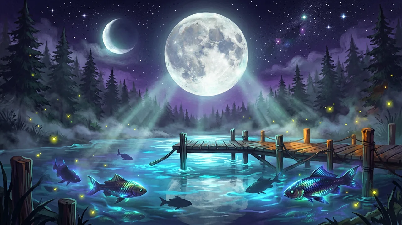 A cozy gothic pier on a dark lake illuminated by a glowing full moon and bioluminescent fish.