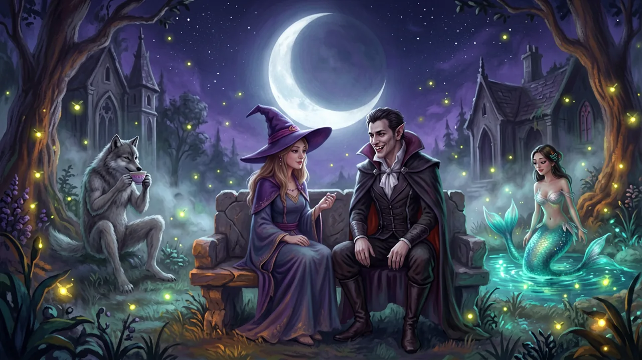 A warm, moonlit gathering of original supernatural townspeople chatting in a misty gothic garden.