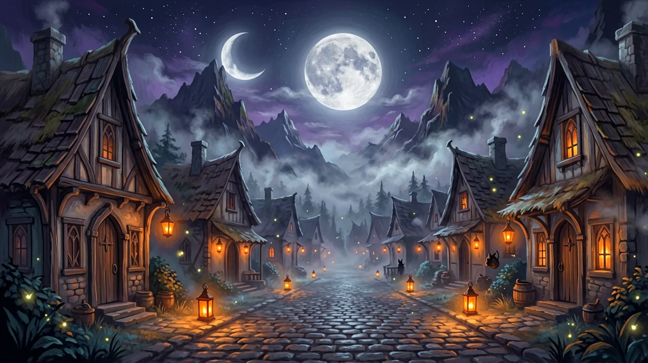 A cozy gothic street in Moonlight Peaks under a huge, glowing full moon.