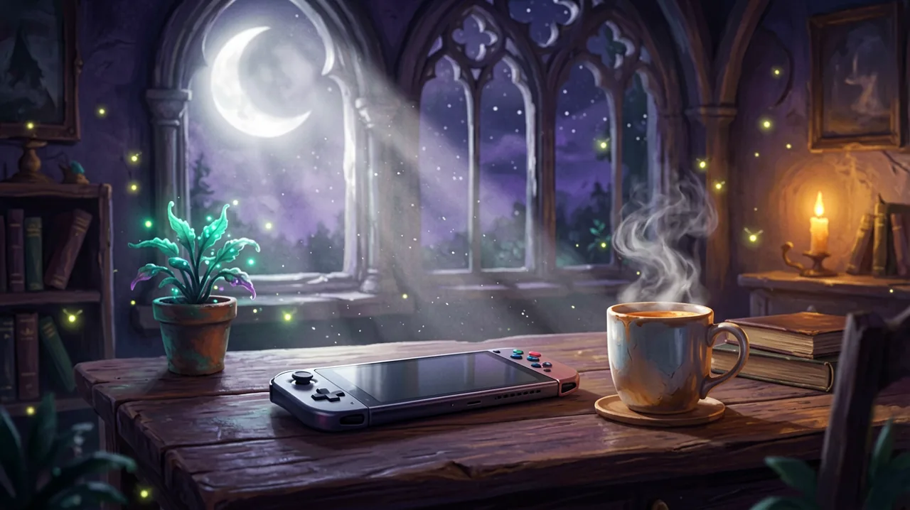 A handheld gaming console resting on a cozy gothic desk under soft moonlight.