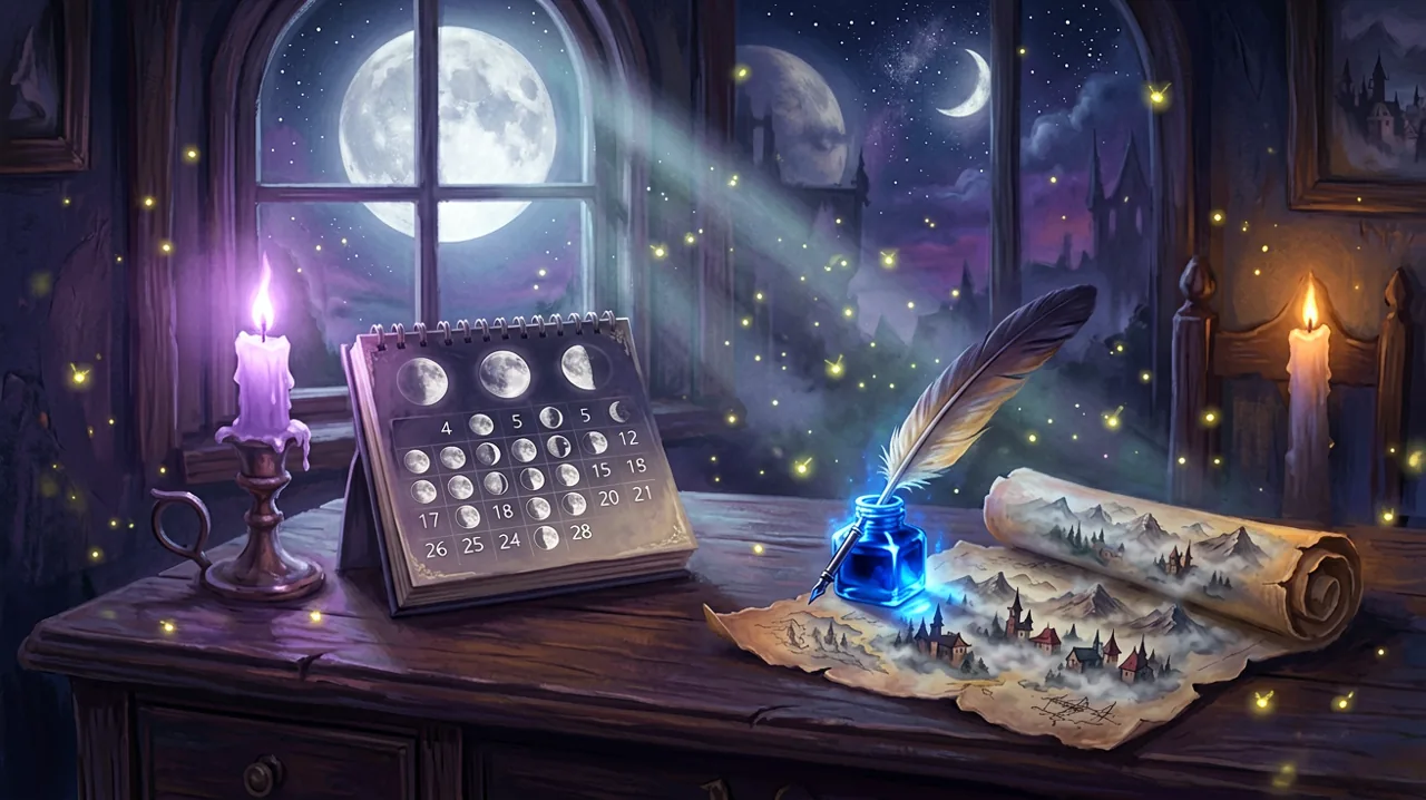 A cozy gothic calendar and scroll maps resting on a dark wooden desk under the purple glow of a full moon.