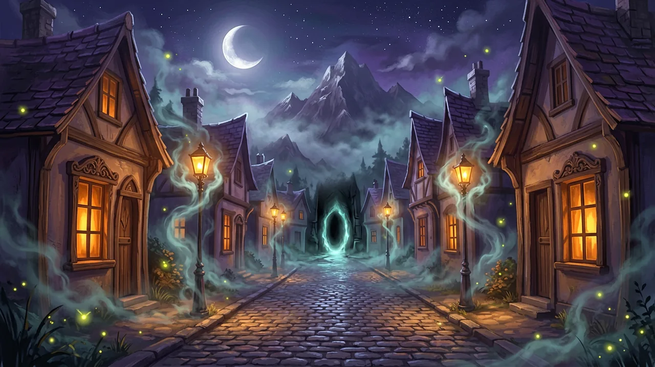 A gothic moonlit town street with fog-wrapped peaks, glowing cottage windows, and misty silhouettes suggesting a supernatural secret