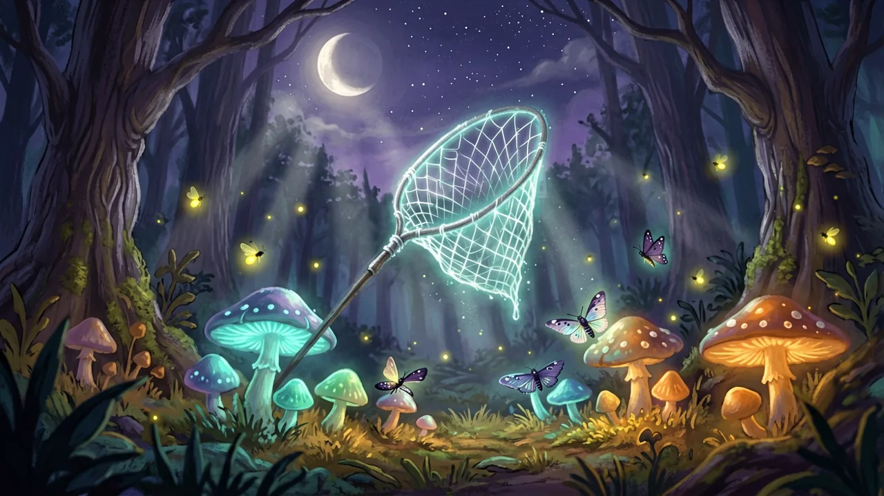 A cozy gothic night scene showing a magical glowing bug net hovering over glowing moths in an enchanted forest.