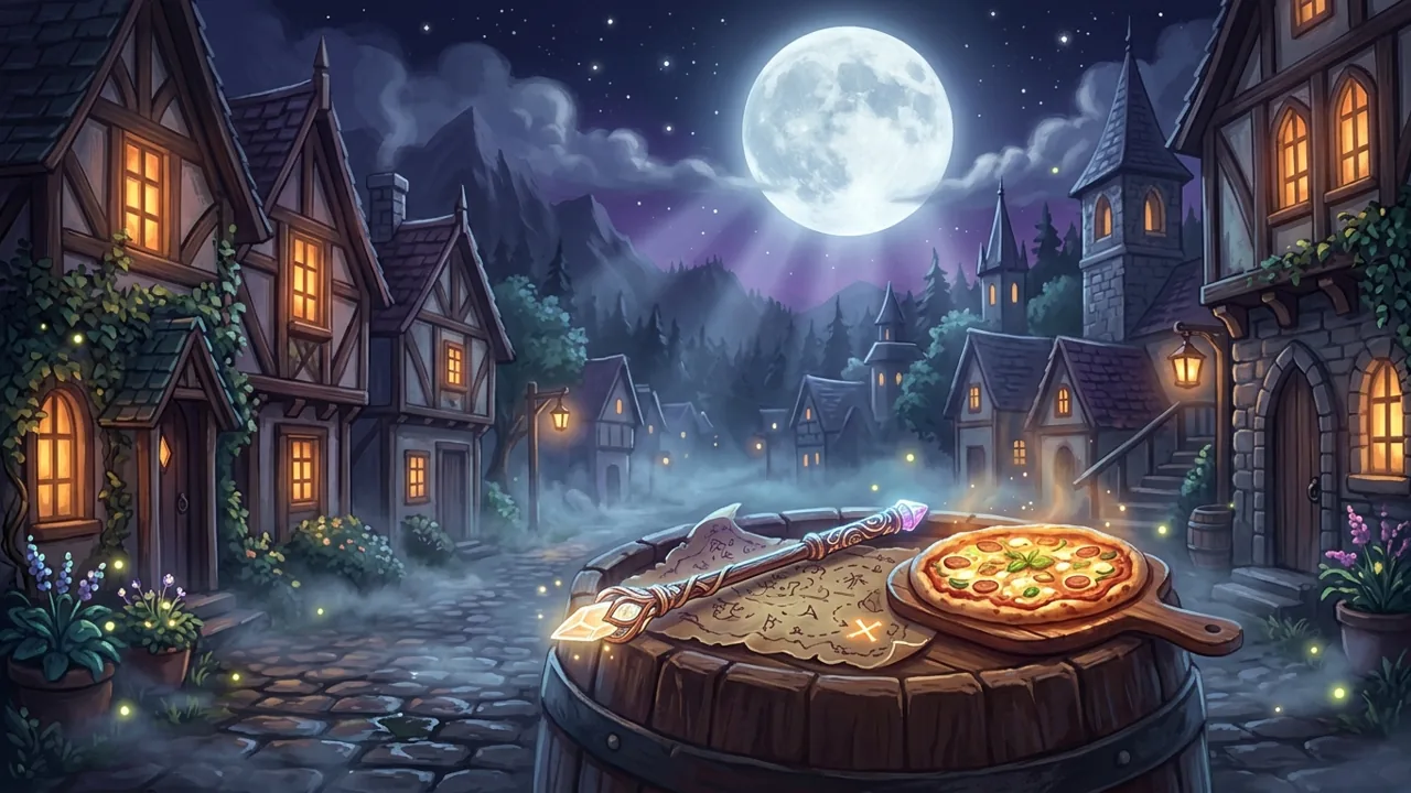 A cozy gothic night street showing a glowing magical wand resting on a wooden barrel, next to a treasure map and an enchanted pizza.