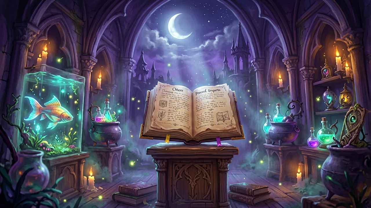 A cozy gothic museum interior illuminated by glowing moonlight, with enchanted displays and a magical floating progress ledger.