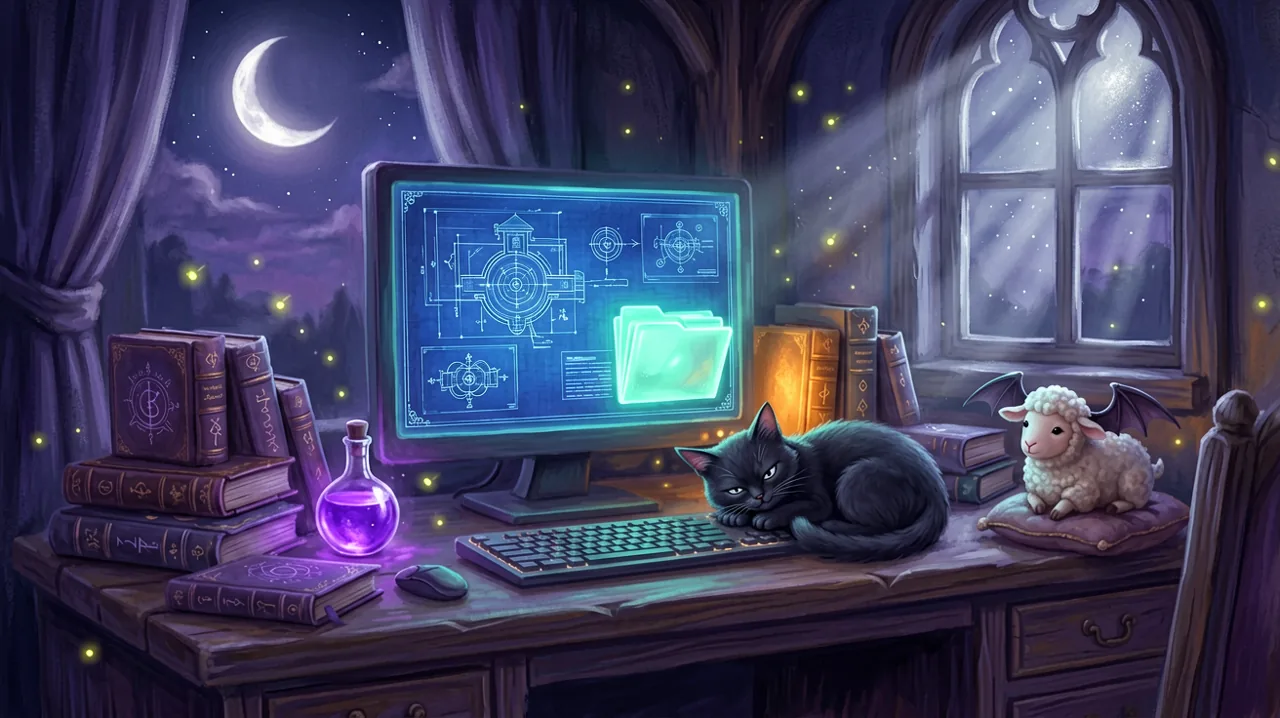 A cozy gothic desk setup with magical blueprints, glowing game files, and a sleepy three-eyed hellcat.