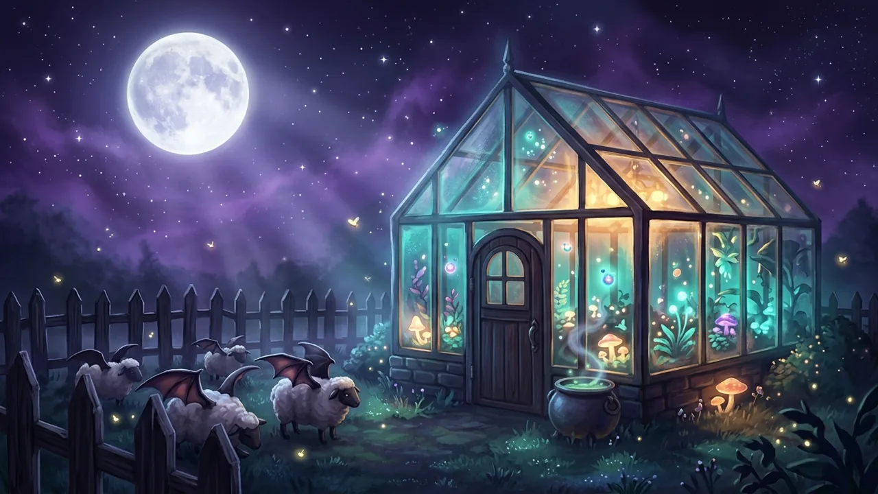 A glowing glass greenhouse situated on a dark magical farm under a bright full moon.