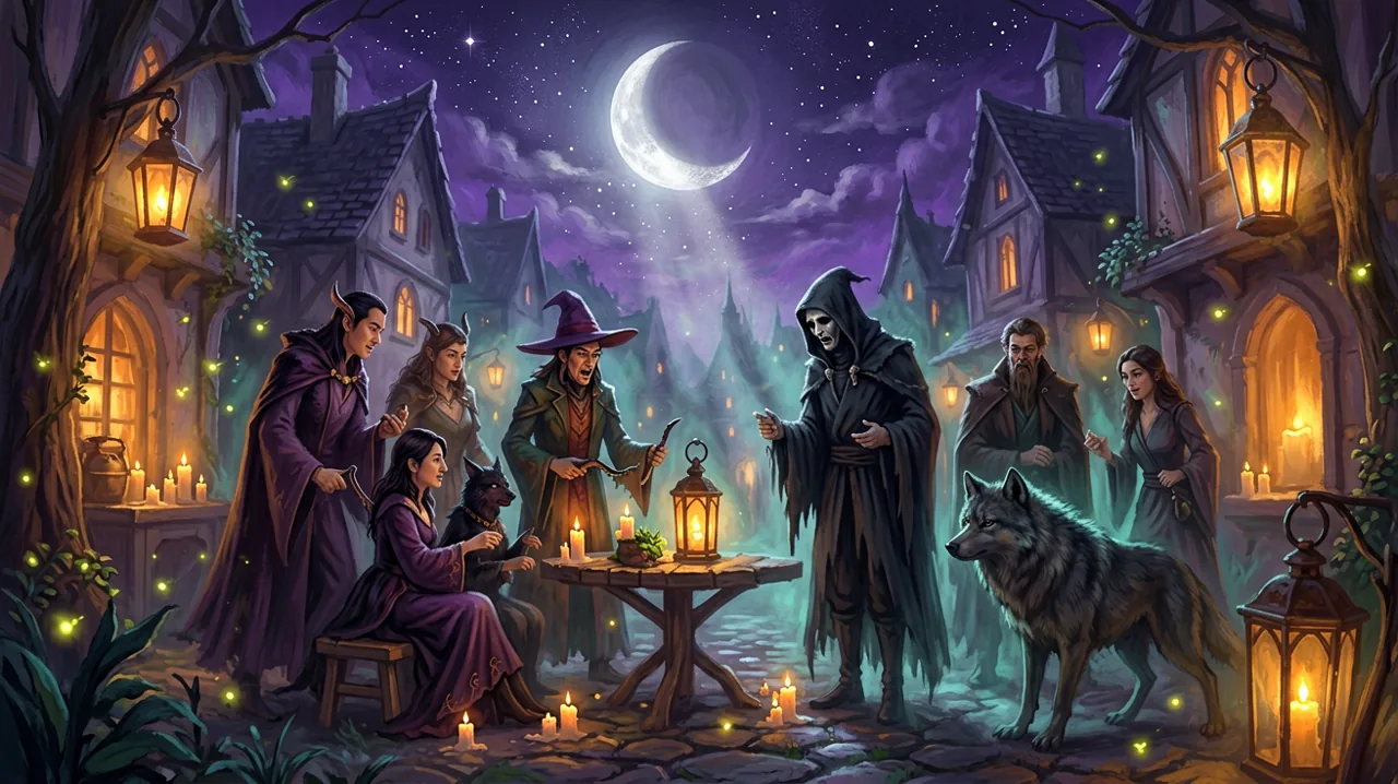 A cozy gothic evening scene in a magical town square where various supernatural residents gather under the moonlight.