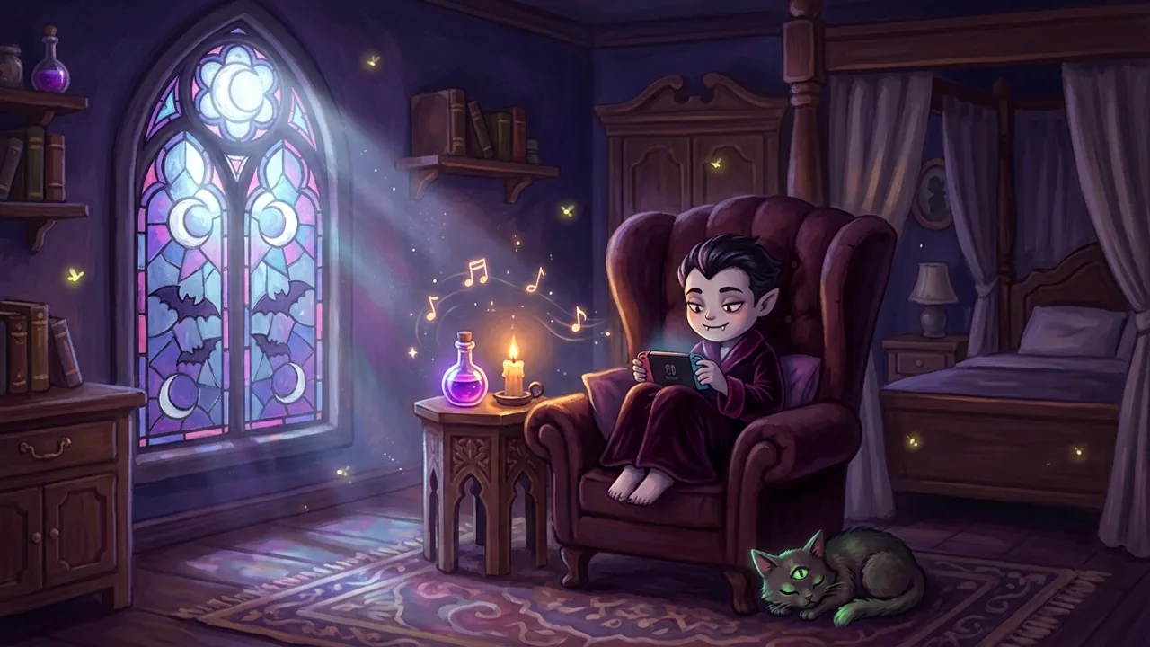 A cozy vampire character playing a handheld console in a moonlit gothic bedroom.