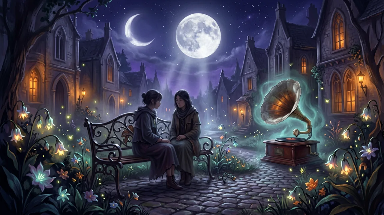 A melancholic night scene in a gothic town under a glowing full moon with a gramophone emitting magic.