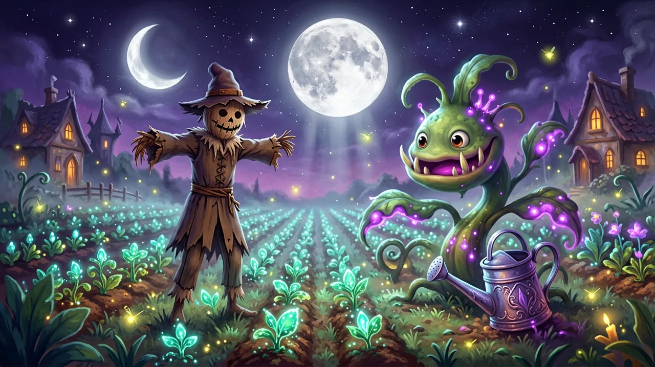 A glowing magical farm at night featuring a gothic scarecrow and a glowing carnivorous plant