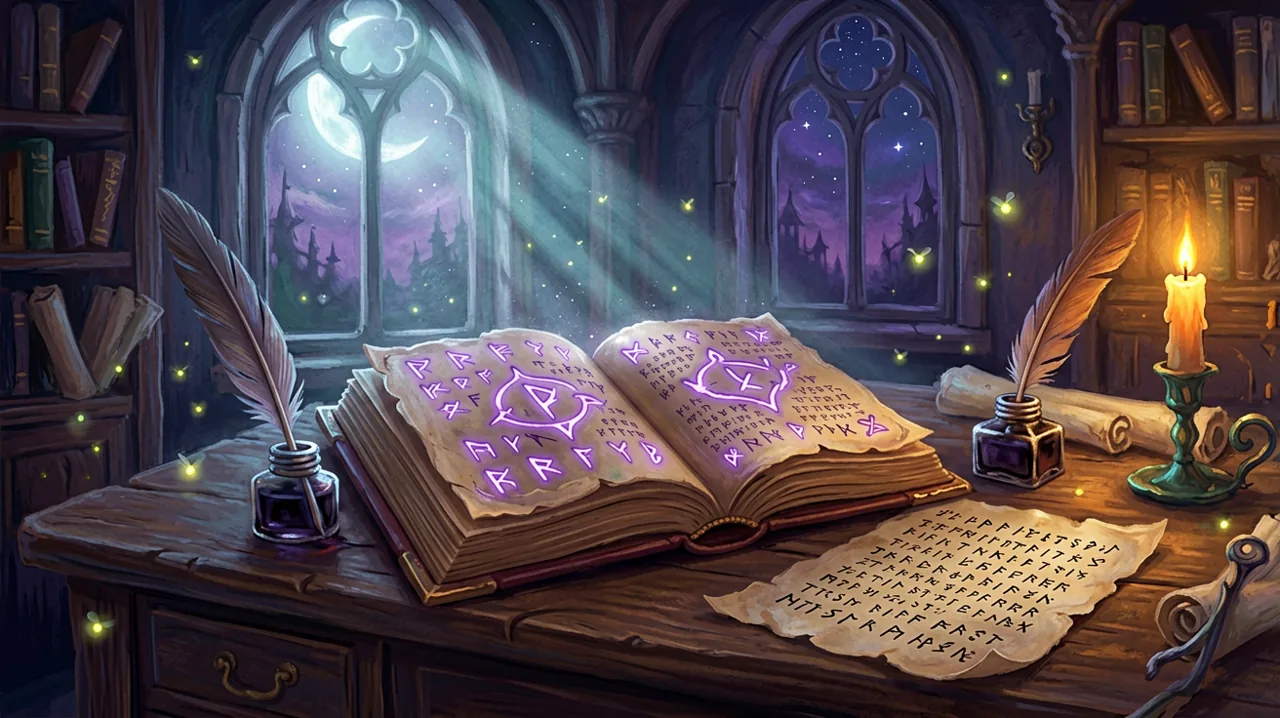 A cozy gothic study room lit by moonlight, featuring an open ancient grimoire with glowing runic symbols.
