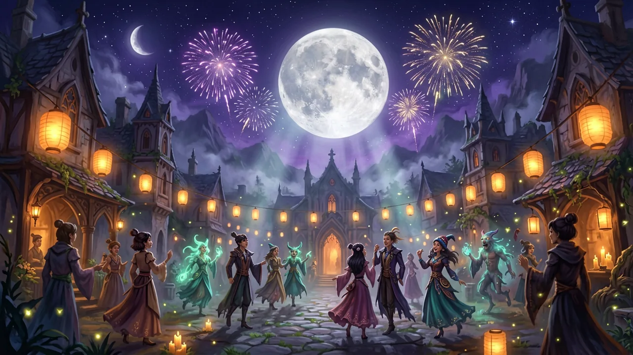 A vibrant night celebration in a cozy gothic town with glowing lanterns and magical fireworks