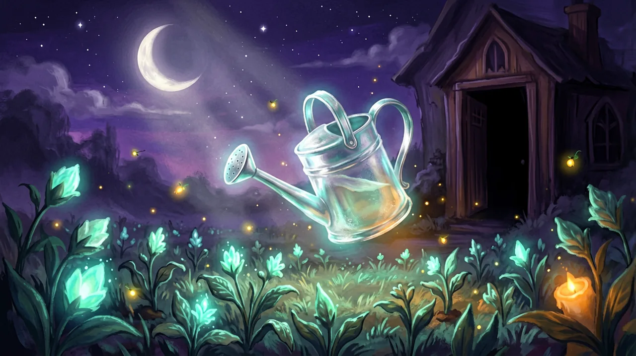 A glowing magical watering can freezing in mid-air near a dark, mysterious void in a gothic setting.