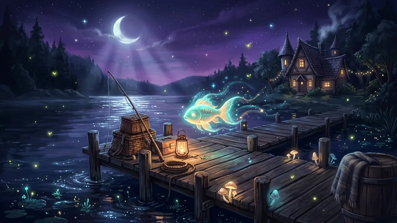 A glowing supernatural fish hovering over a gothic wooden dock at night