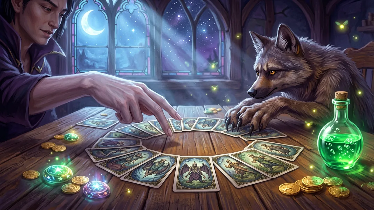 Physical Nokturna cards and glowing magical tokens laid out on a rustic tavern table.
