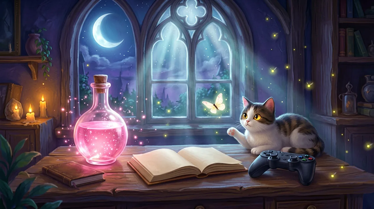 A glowing love potion bottle and a generic video game controller sitting on a wooden desk alongside an open journal in a moonlight-lit room.