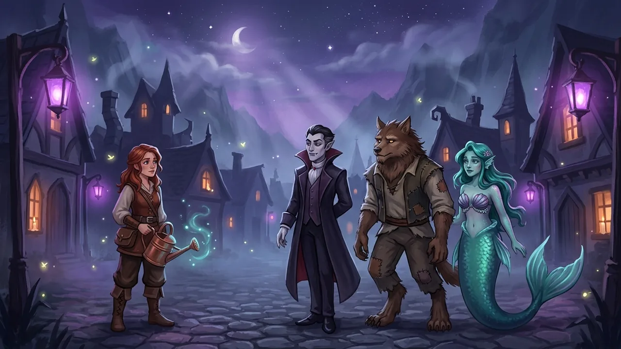 A cozy gothic town square at night where supernatural residents interact
