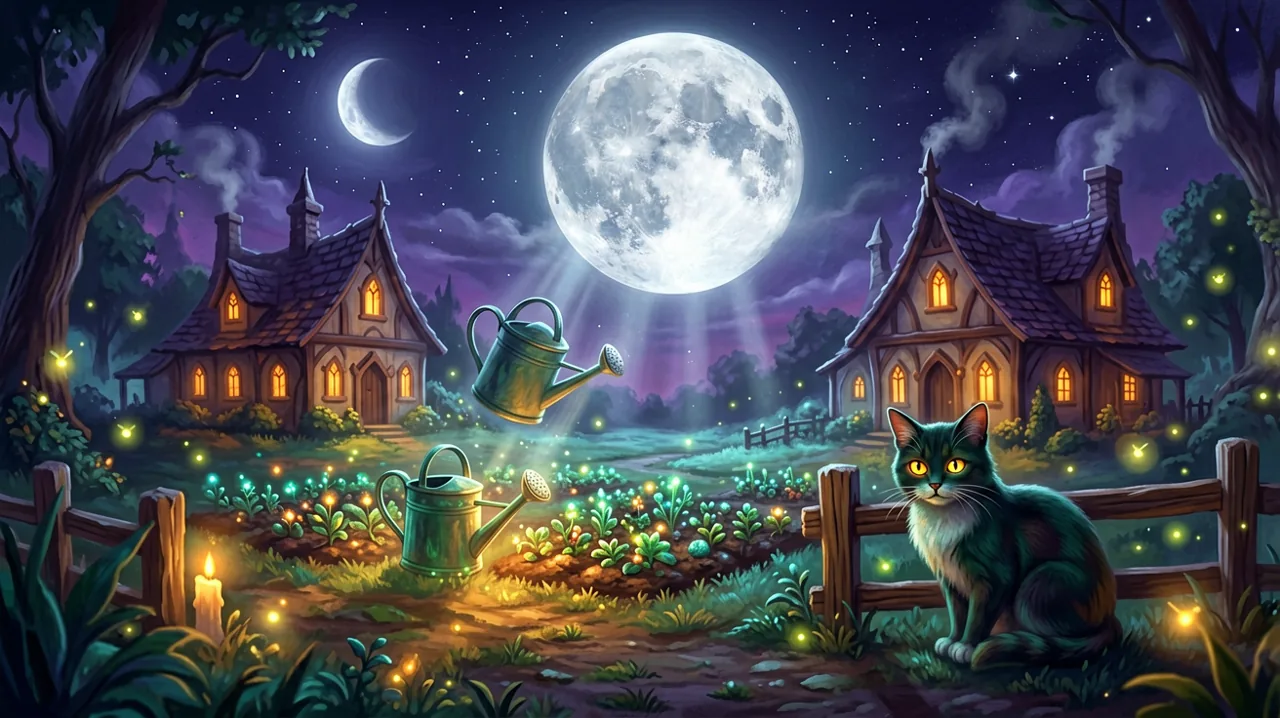A glowing magical watering can watering enchanted crops on a supernatural gothic farm at night