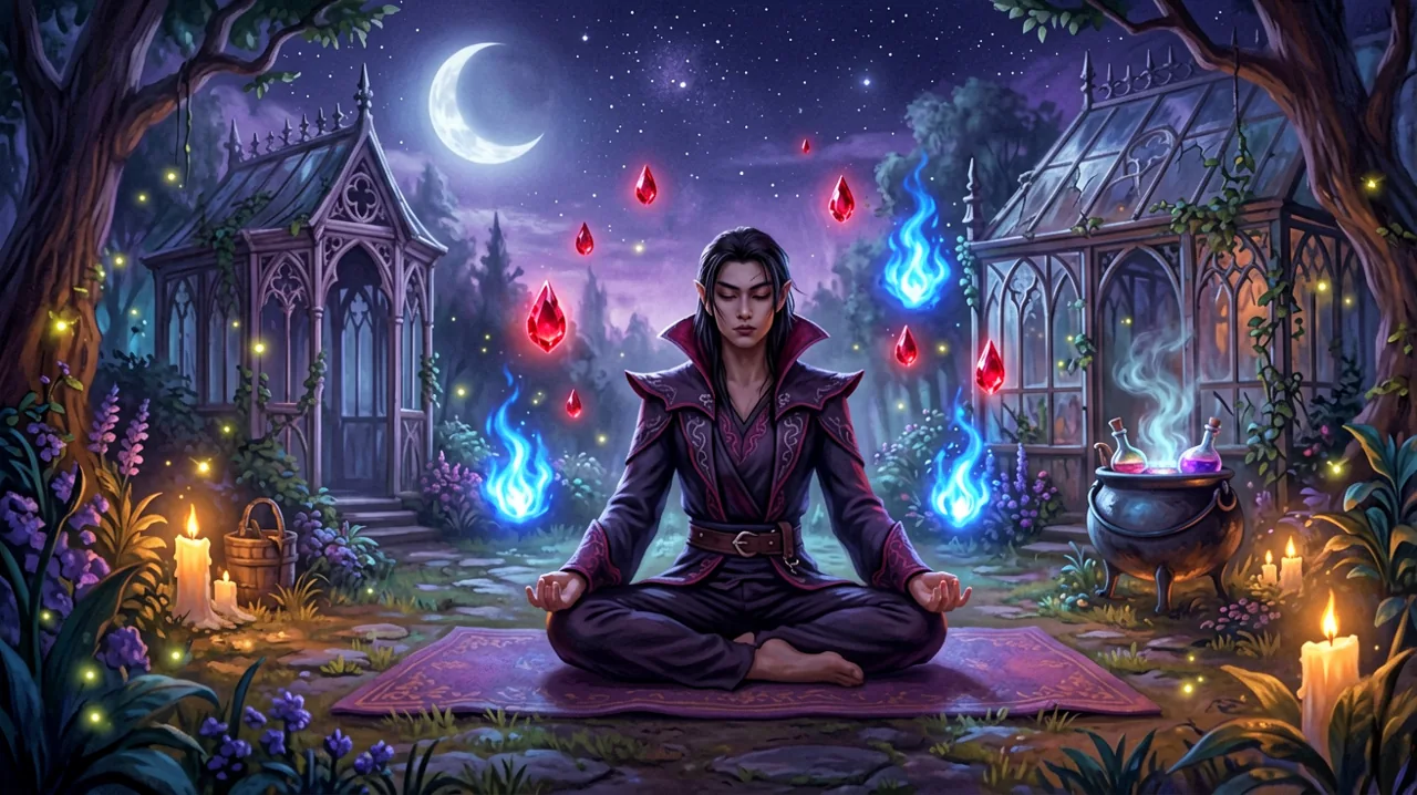 A vampire character practicing yoga in a glowing gothic garden surrounded by red teardrops and blue flames