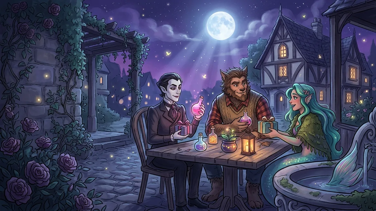 Supernatural characters sharing a romantic moment under the moonlight with glowing potions nearby