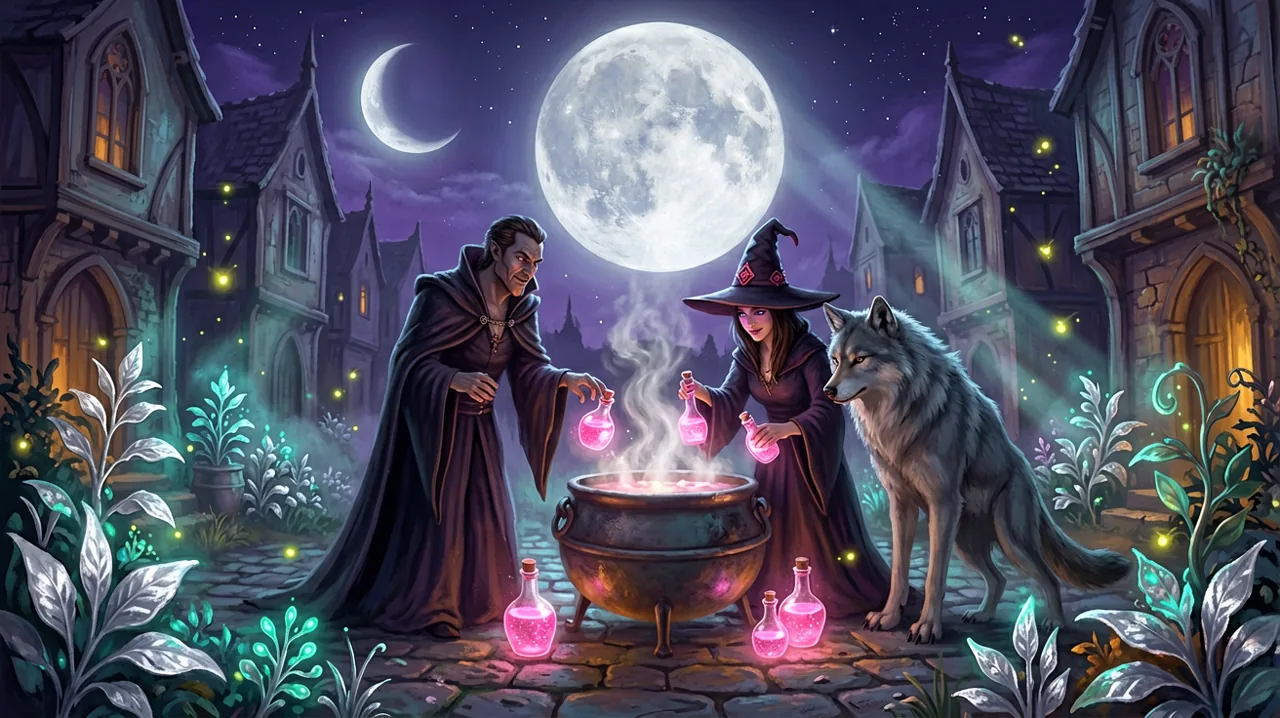 A group of diverse supernatural residents gathering under a glowing full moon to brew potions.