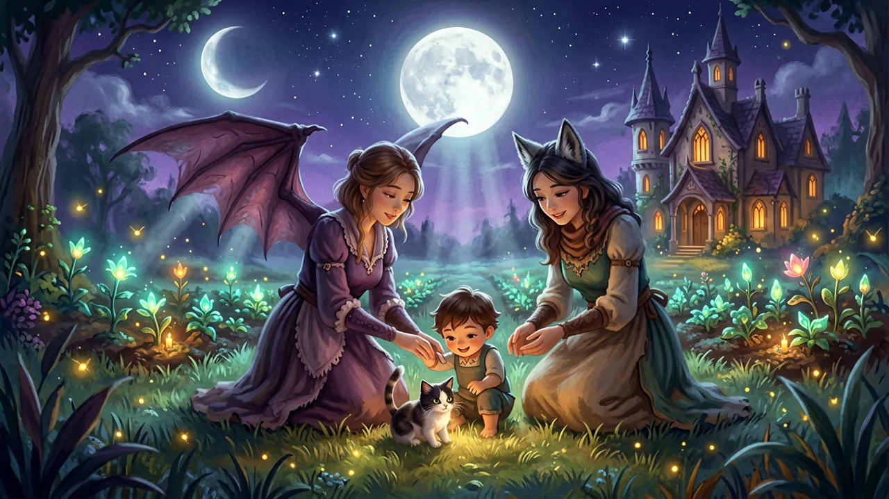 A cozy gothic supernatural family relaxing on a moonlit farm with magical pets.