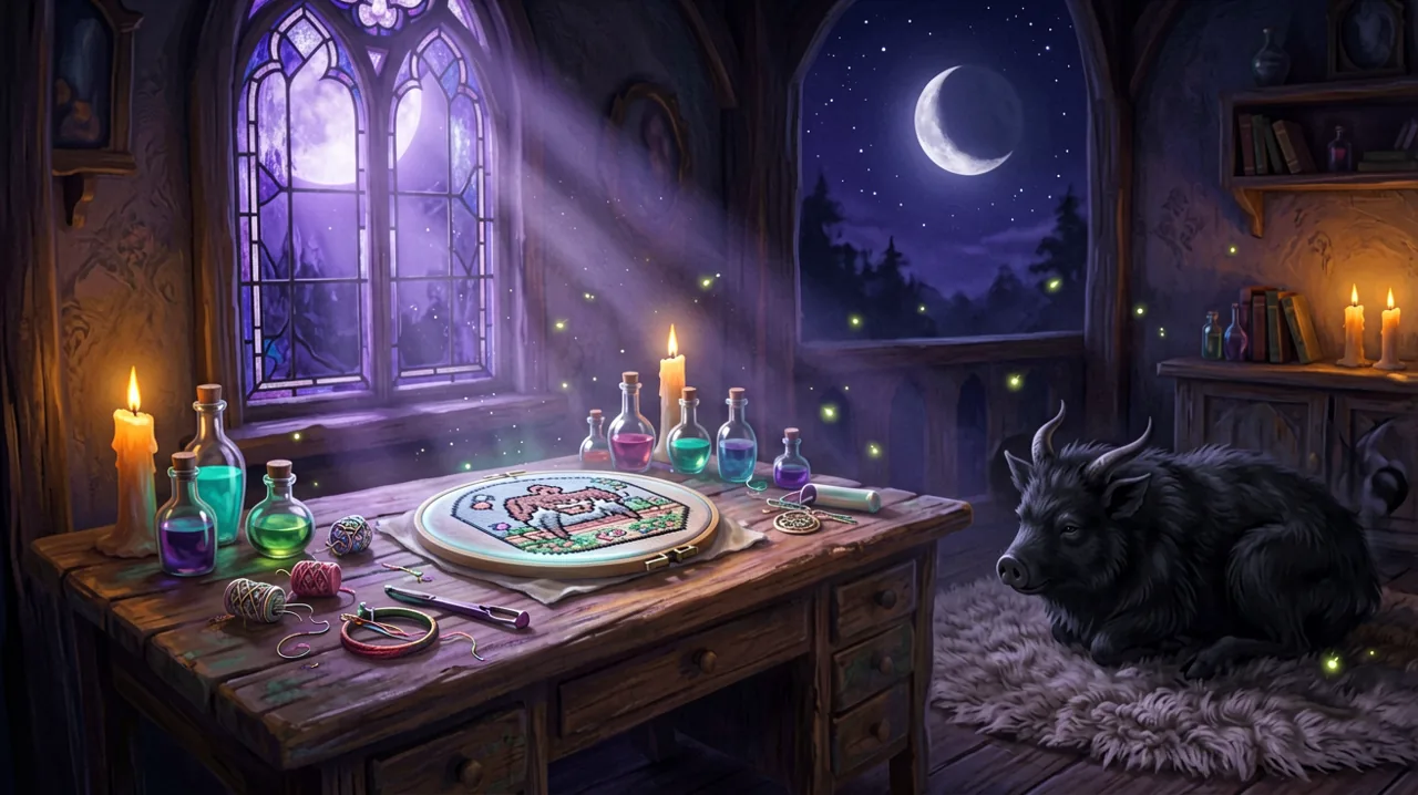 A cozy, gothic-themed bedroom featuring a glowing embroidery hoop on a desk and a fluffy black pig-goat creature resting on a rug.