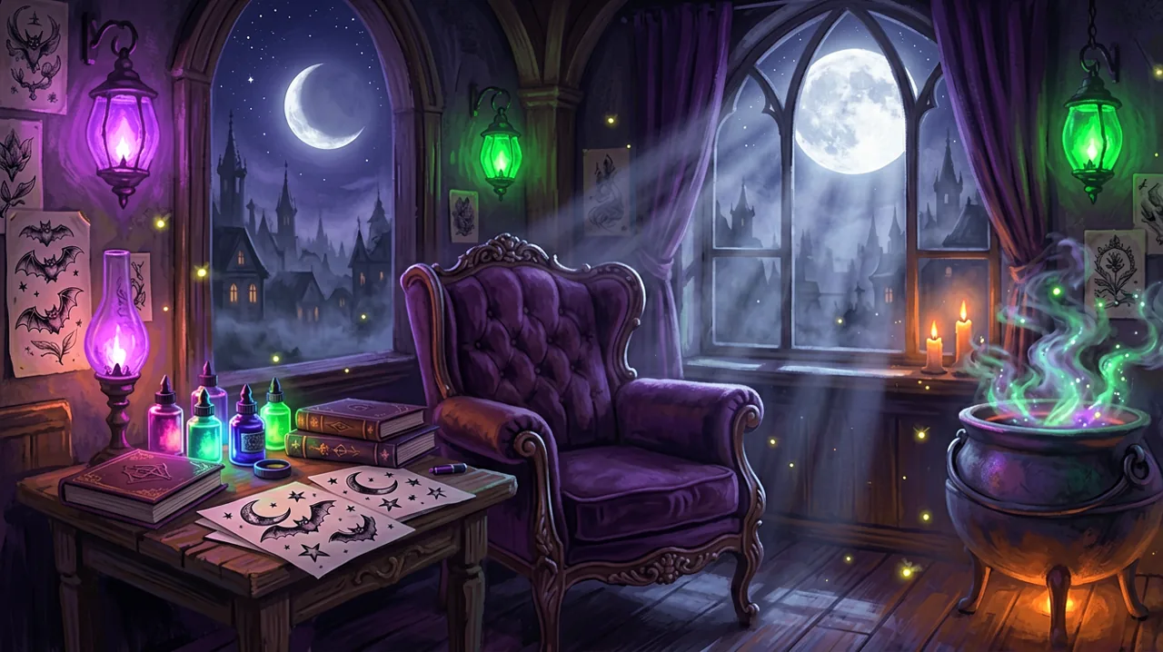 A cozy gothic tattoo parlour at night with magical glowing ink bottles and spellbooks.