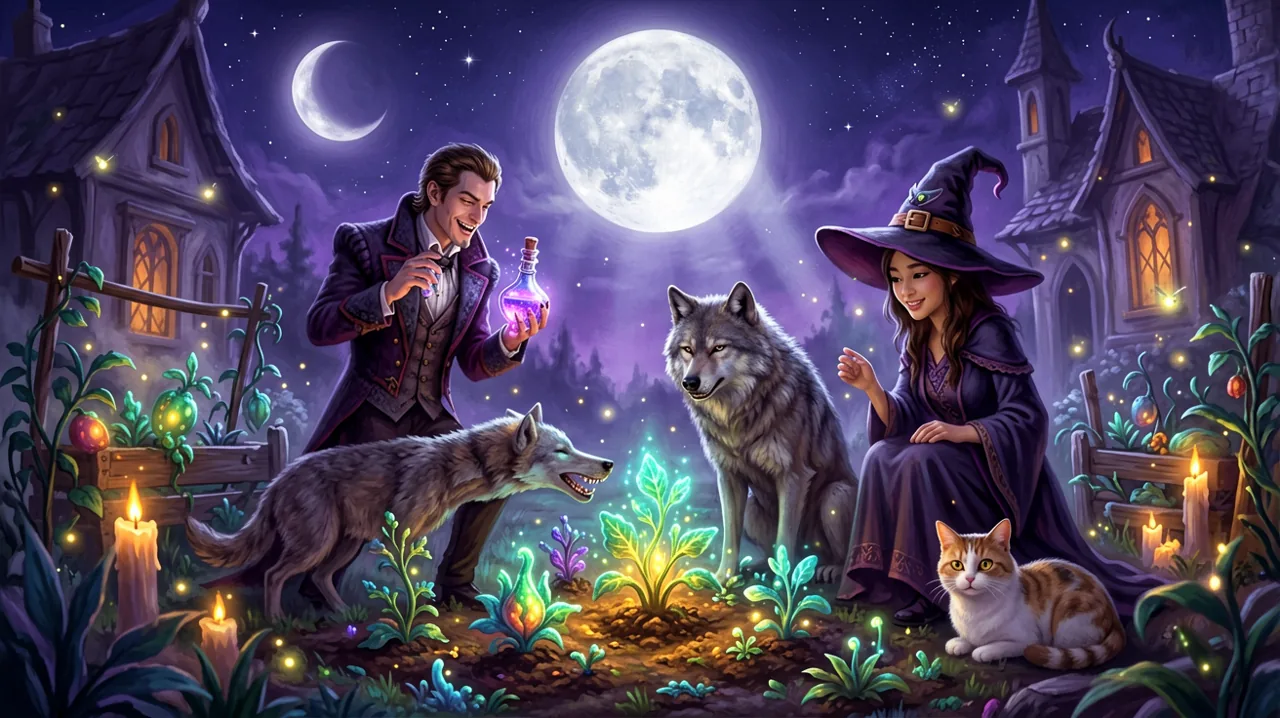 Several original supernatural characters interacting under the moonlight next to a glowing gothic farm.