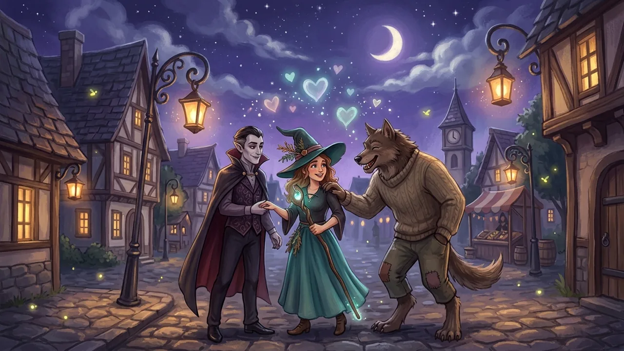 A cozy gothic scene of supernatural residents sharing a warm moment under the moonlight