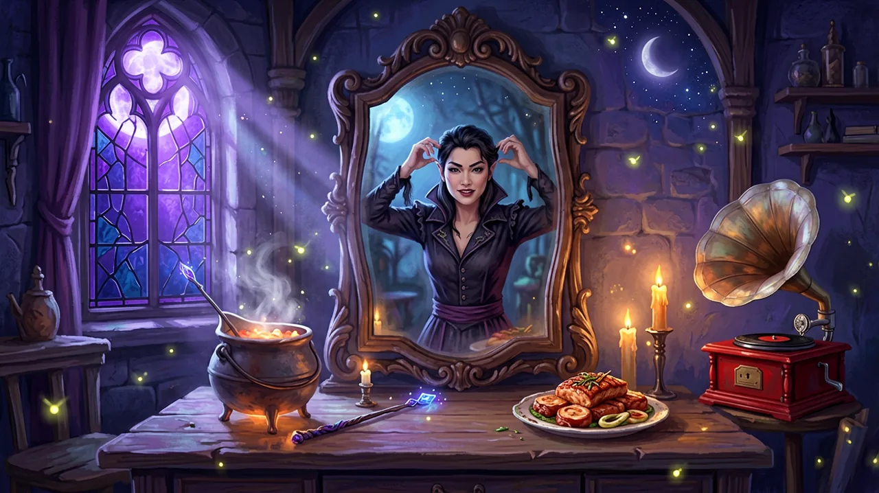 A cozy gothic witch's room featuring an ornate mirror, a bubbling cauldron, and a vintage red gramophone bathed in moonlight.